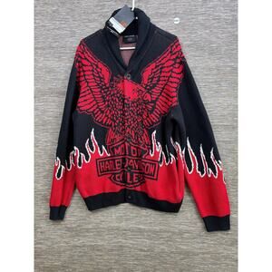 Harley-Davidson Sweater Mens L Black Red Eagle Flames Shawl Collar Cardigan NEW